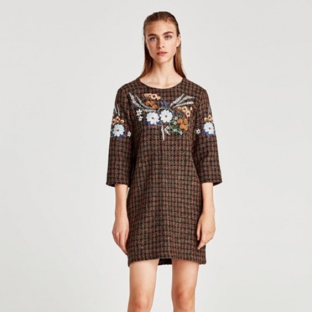 ZARA Tweed Floral Embroidered Shift Mini Dress Orange Brown Fall Small